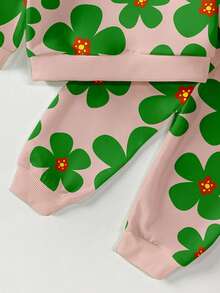 2pcs Baby Girls Casual Fashionable Cute Floral All-Over Print Crew Neck Sweatshirt And Sweatpants Set, Autumn/Winter Fall - Multicolor - View 5