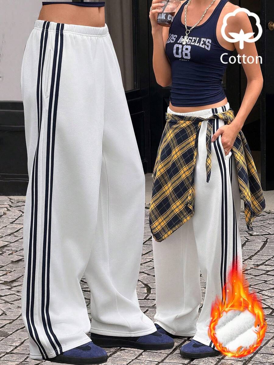 Jouncy 女式松紧腰侧条纹宽松保暖内衬白色运动裤 - 白色 - 查看 1