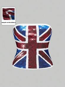 ROMWE Plus Size Hippie Y2K Fashionable Musician Style Flag Collegiate Beaded Embroidery Cropped Top, Suitable For Back To School, Parties, Music Festivals - Blue - View 10