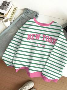 SHEIN Dopamine Stripe, Tween Girl Casual Minimalist "NEW YORK" Letter Loose Fit Crew Neck Comfortable Long Sleeve Sweatshirt, Suitable For Autumn/Winter, Autumn Outfits For , Easy Comfort, Autumn Layers For Girls, Stylish Kids, Casual Wear, Kids Graphic Sweatshirt, Back To School, Fall Clothes, Homecoming
