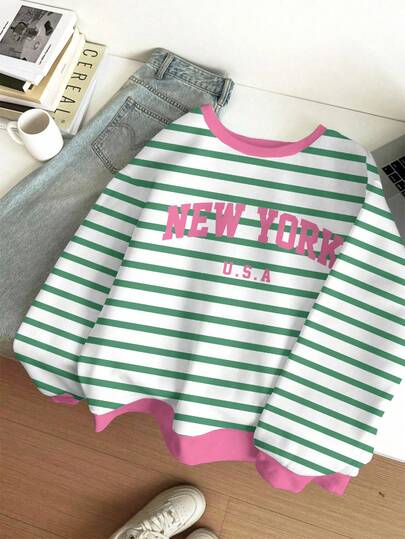 SHEIN Leap Crew Áo sweatshirt tay dài cổ tròn dáng rộng thoải mái, họa tiết sọc Dopamine, phong cách tối giản thường ngày, in chữ "NEW YORK", thích hợp cho mùa thu/đông, dễ mặc, nhiều lớp, thời trang, trang phục thường ngày, áo sweatshirt in hình, đi học, lễ hội.