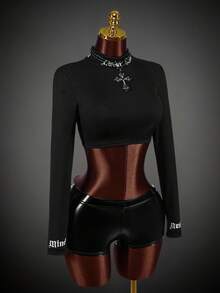 SHEIN ICON Camiseta de cuello alto con agujero para el pulgar y letra estampada en negro, estilo Gorpcore - Negro - Ver 6