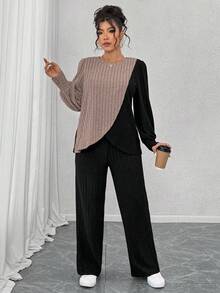 EMERY ROSE Plus Size Crew Neck Long Sleeve Soft Knit Ribbed Asymmetrical Patchwork Top & Straight Leg Pants 2 Pieces Set,Black,Autumn,Smart Casual,Vacation Fall - Multicolor - View 4
