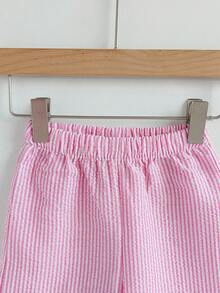 SHEIN Playful Pals 女宝宝荷叶边领条纹时尚可爱长袖T恤套装 - 粉色 - 查看 3