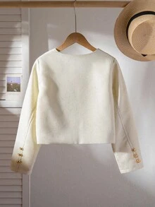 SHEIN Sparklyn 少女优雅通勤圆领外套，秋冬季 - 白色 - 查看 2