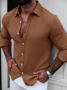 Manfinity Homme Áo sơ mi nam dài tay vải lanh cài nút thường ngày, mùa xuân/thu Áo sơ mi nam dài tay thường ngày màu gỉ sắt Áo sơ mi nam cài nút thường ngày, cho mùa thu - màu nâu - Xem 3