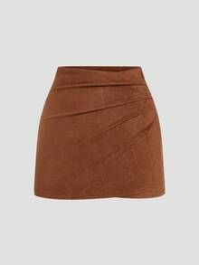 Vibekara Plus Size Brown Pleated Asymmetric Decorative Zipper Back Suede Fuzzy Short Skirt, Minimalist Commuter Style, Autumn/Winter - Brown - View 1