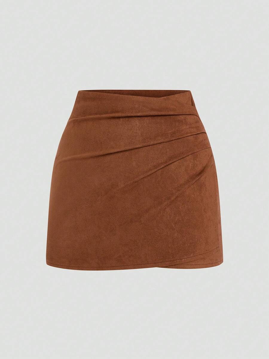 Vibekara Plus Size Brown Pleated Asymmetric Decorative Zipper Back Suede Fuzzy Short Skirt, Minimalist Commuter Style, Autumn/Winter - Brown - View 1