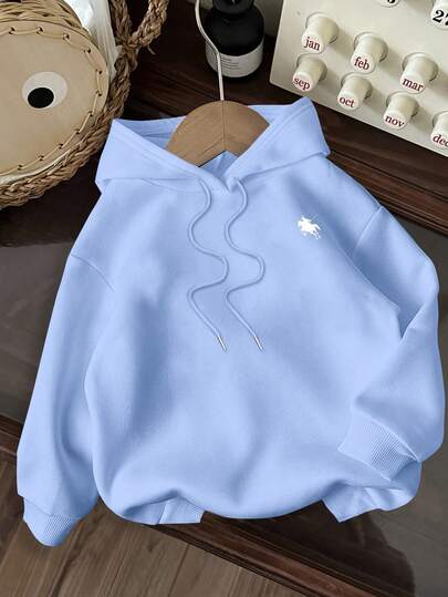 SHEIN EZwear 休闲简约骑马图案印花蓝色卫衣，长袖宽松加厚款，女士款，适合秋冬季、返校季和机场穿着。