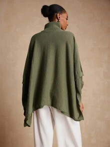 Lyxana Women's Solid Color High Collar Button Elegant Poncho Sweater - Army Green - View 2