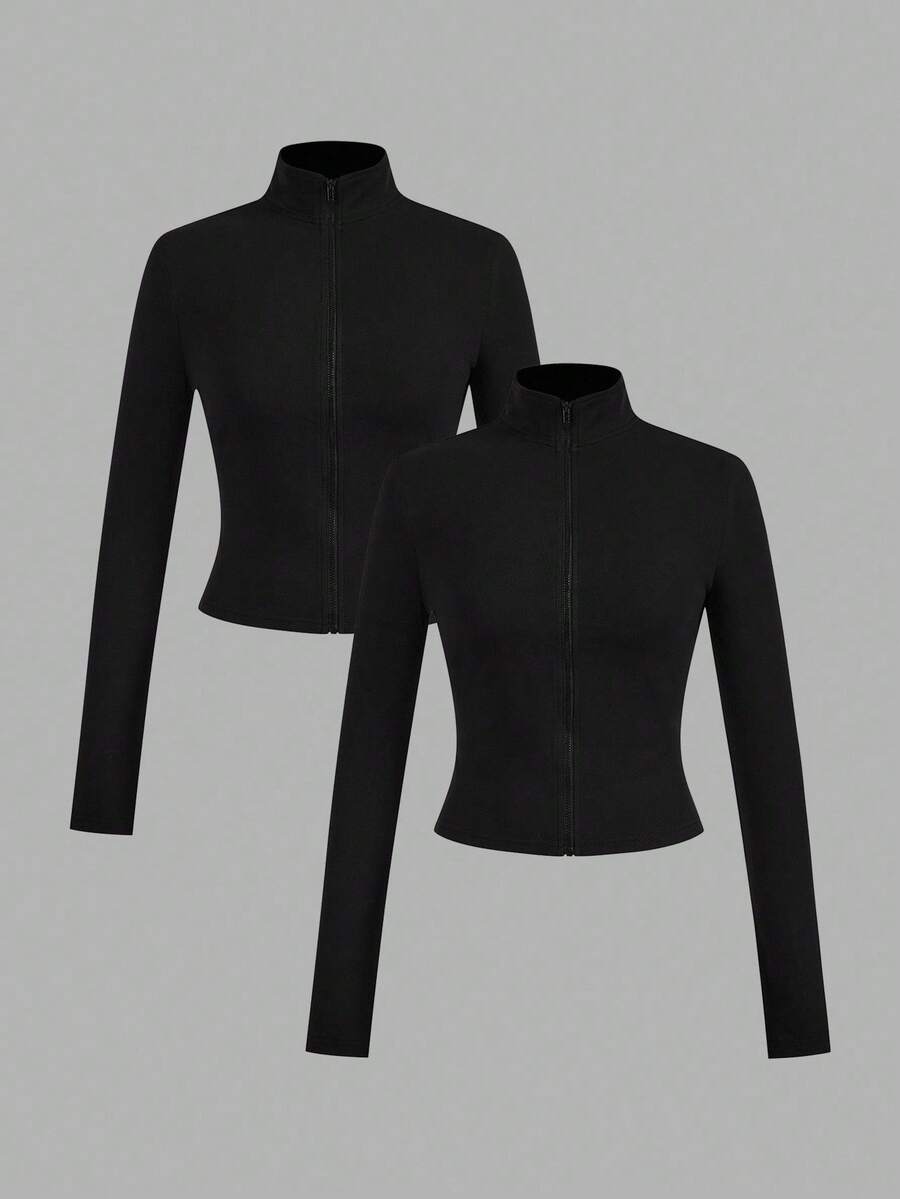 SHEIN EZwear 2 件黑色针织拉链长袖 T 恤，适合秋冬季 - 黑色 - 查看 1