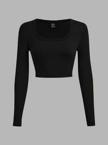 SHEIN EZwear 3件套黑色、灰色、酒红色休闲U领修身短款长袖T恤，适合秋冬季 - 彩色 - 查看 10