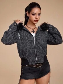 ROMWE Grunge Punk Quần jeans ống loe nữ cạp thấp có khóa kéo, túi đinh tán thêu họa tiết Punk - Xám - Xem 6