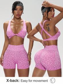 Dewbera 2件套豹纹扭结文胸和短裤运动套装 - 玫紅色 - 查看 1