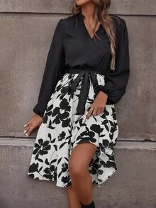 EMERY ROSE Đầm Maxi Tay Lửng In Hoa Có Thắt Lưng Cho Nữ - Đen và trắng - Xem 3