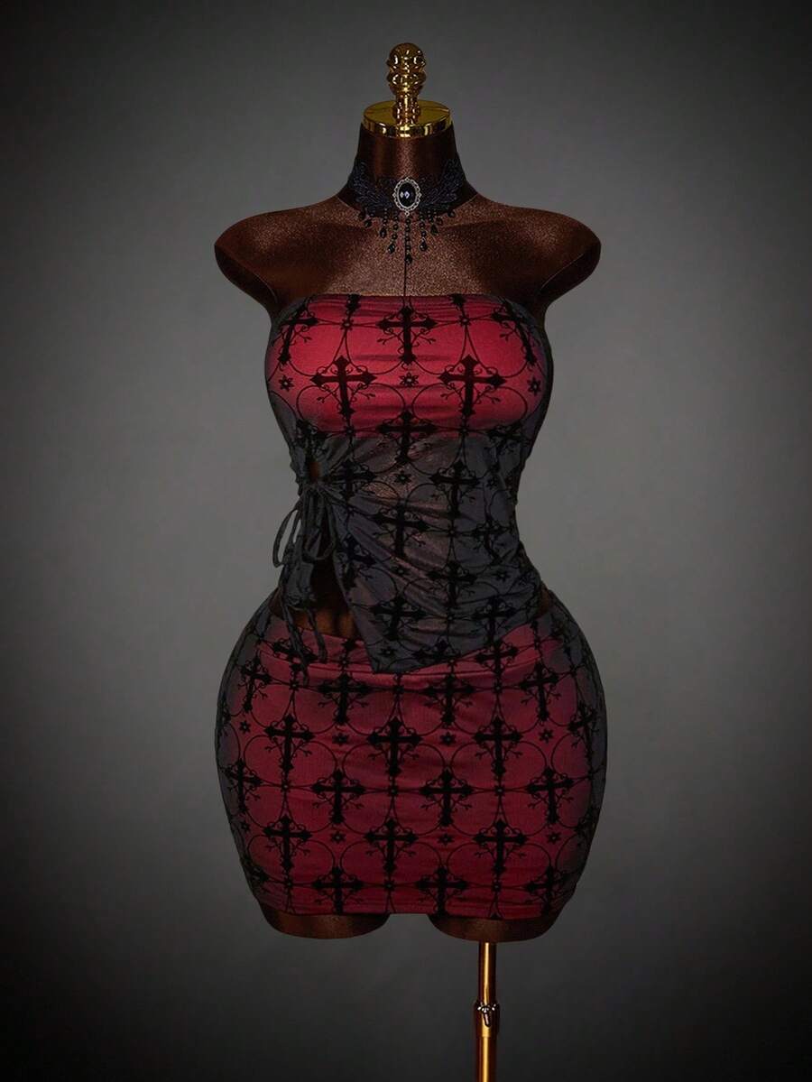 Amplova Y2K Amplova Cross Plus Size Sexy Fashion Bandeau Top And Mini Skirt 2 Pieces Set Halloween Dress Demon Dress Criss Cross Dress