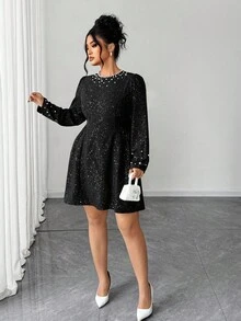 Elenzga Women's Pearl Embellished Metallic Long Sleeve Elegant Dress - Black - View 6