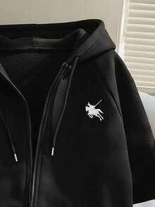 Resyla Women's Minimalist Knight Print Long Sleeve Zip Front Drawstring Sweatshirt Sweatshirt - Black - View 3