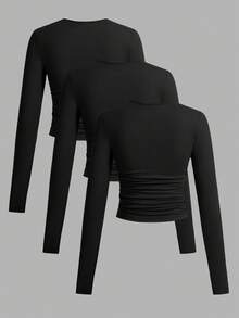 SHEIN EZwear 3件套女士休闲纯色圆领褶皱长袖T恤，秋冬 - 黑色 - 查看 2