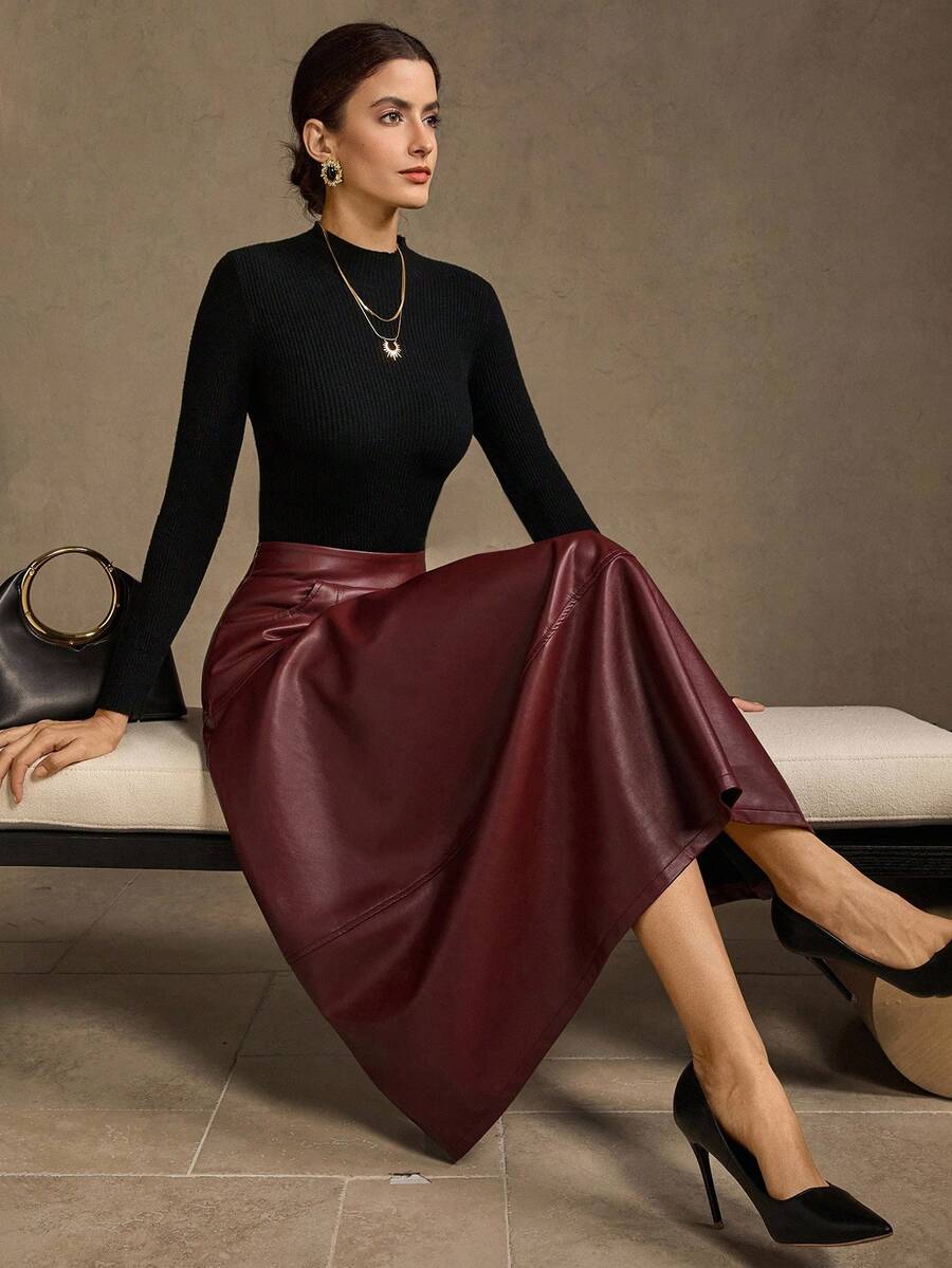 MOTF PREMIUM 女款 ENCORE 红色 PU 皮革 A 字褶裙