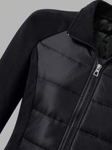 少女休闲时尚绗缝梭织面料风衣，棉质衬里，针织面料袖子和领子，修身设计，适合秋冬季日常通勤、郊游、派对、拍照 - 黑色 - 查看 5