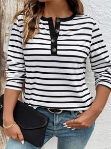 EMERY ROSE New Plus Size Women Fashion Printed Striped Button Long Sleeve Blouse - Multicolor - View 6