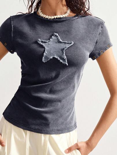 Bohemela T-shirt ajusté en tricot de couleur unie vintage décontracté pour femmes, convient pour l'été et l'automne