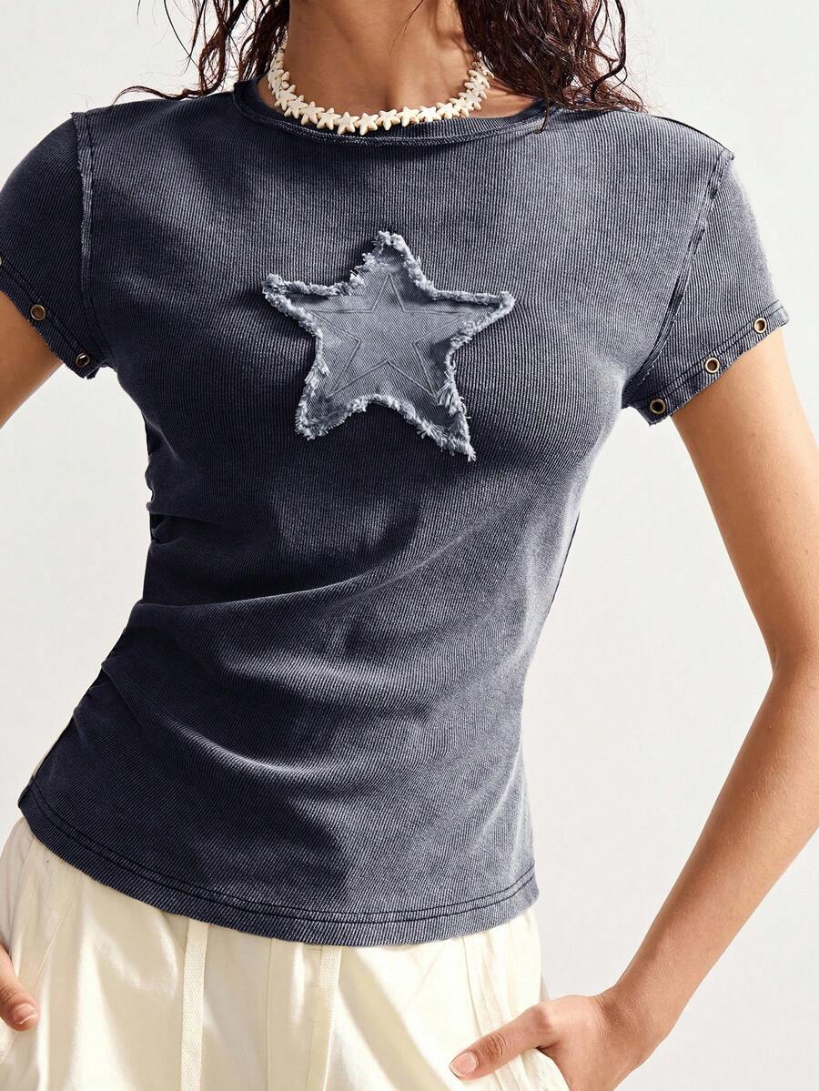 Bohemela Áo thun nữ dệt kim màu trơn cổ điển giản dị, phù hợp cho mùa hè và mùa thu - Màu xanh hải quân - Xem 1