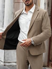 Manfinity Bizformal 男士简约缺口翻领单排扣西装外套和裤子套装，商务/通勤男士米色西装男士卡其色西装棕褐色西装男士男士灯芯绒西装灯芯绒西装男士，秋冬服装 - 卡其色 - 查看 7