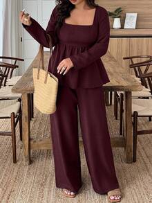 EMERY ROSE 加大码纯色方领长袖上衣和裤子两件套