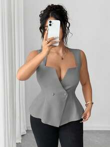 Elenzga Plus Size Women's Elegant Solid Color V-Neck Peplum Top, Minimalist & Charming, Summer - Grey - View 1