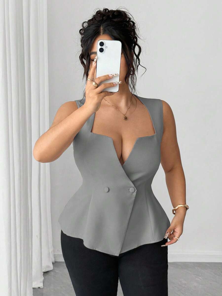 Elenzga Plus Size Women's Elegant Solid Color V-Neck Peplum Top, Minimalist & Charming, Summer - Grey - View 1