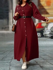 EMERY ROSE Plus Size Women's Solid Color Drop Shoulder Loose Casual Shirt Dress, Spring/Fall Maxi Women Outfit - Burgundy - View 3