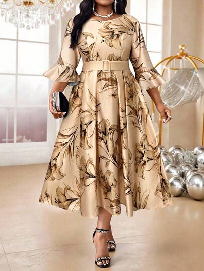 Fleurora 2025 New Spring And Summer Autumn And Winter Elegant Party Wedding Cocktail Party Christmas Champagne A Line Dress Plus Size Dress Women Elegant Dresses For Women Wedding Party Dress Fall Clothes For Women Gold Dress Midi Dress Elegant Dresses For Party Wedding Guest Dress For Women Beige Dresses For Women Earth Tone Dress Silk Dresses Floral Print Dress