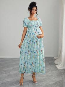 Momance Maternity Floral Print Shirred Ruffle Hem Long Dress
