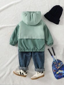 SHEIN Young Boy Solid Color Patchwork Hooded Zip-Up Jacket, Comfortable Soft Fleece Fabric, Suitable For Outdoor And Indoor Wear, Autumn/Winter Fall - Multicolor - View 2