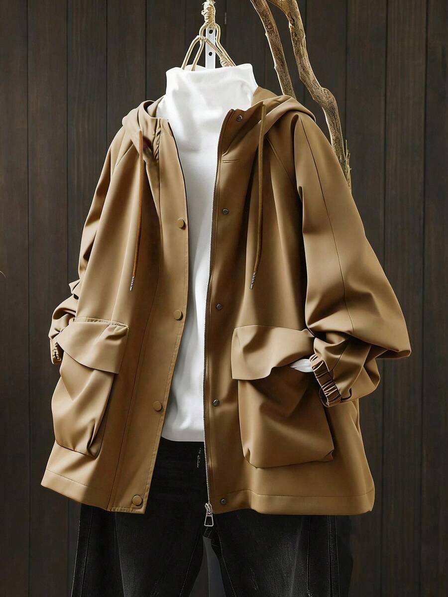 Linhara Plus Size Comfortable Casual Loose Regular Adjustable Drawstring Zip-Up Four-Button Front Long Sleeve Windbreaker