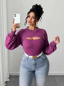 Elenzga Plus Size Fashionable Solid Color Hollow Out Sweater Fall Winter - Purple - View 4