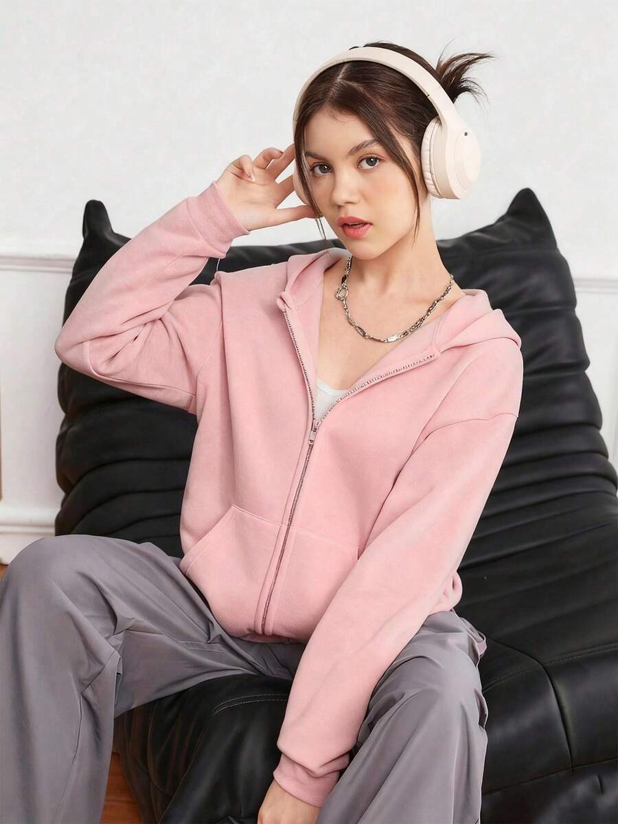Teenager Mädchen Lässiger minimalistischer einfarbiger Taschen Reißverschluss Kapuzenpullover Langarm Kapuzen Sweatshirt Jacke, vielseitig für alle Jahreszeiten