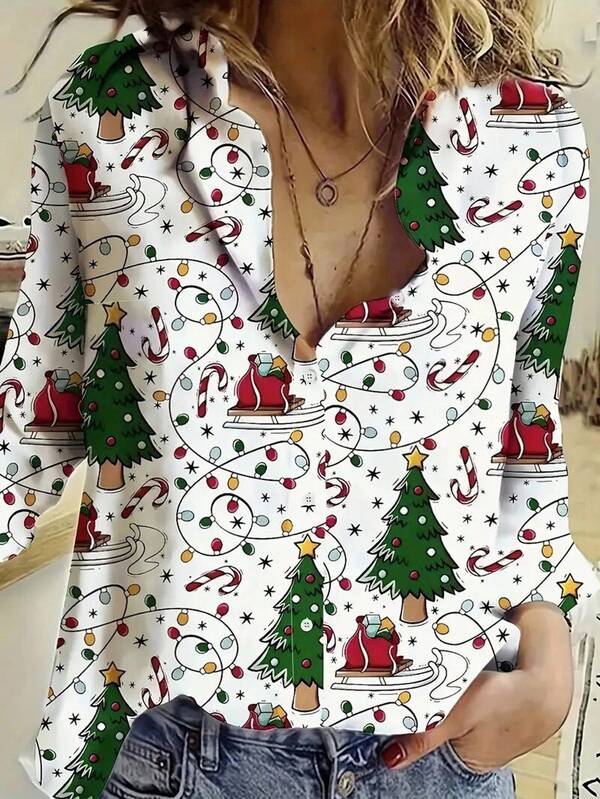 EMERY ROSE Camicetta da donna con stampa, camicia elegante e alla moda per Natale, a maniche lunghe, adatta per la primavera e l'autunno