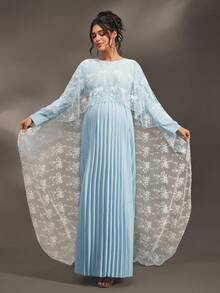 SHEIN 优雅褶皱网眼长裙，适合女士、孕妇、春秋季、圣诞派对、迎婴派对