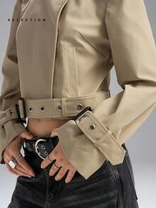 LYSMO 女式纯色长袖纽扣立领短款休闲风衣，秋季 - 杏色 - 查看 9