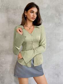 SHEIN Unity قميص مخطط للنساء للارتداء اليومي والتنقل - أخضر - مشاهدة 4
