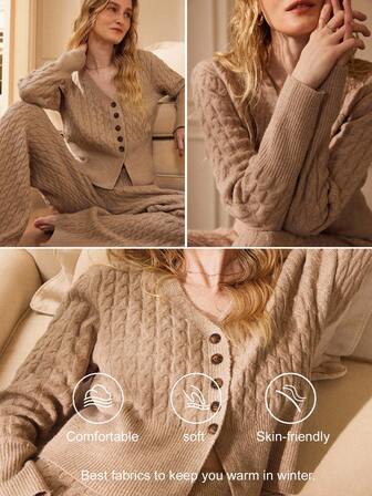 Écloséra 法式休闲度假复古简约百搭日常通勤V领抽绳针织长袖纽扣搭配松紧腰宽松裤两件套，驼色/大地色女式毛衣