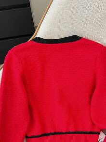 Chaqueta de punto informal con diseño de botones de perla de cuello en V de manga larga con bloques de color para niña preadolescente, otoño/invierno - Burdeos - Ver 4