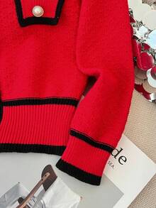 Chaqueta de punto informal con diseño de botones de perla de cuello en V de manga larga con bloques de color para niña preadolescente, otoño/invierno - Burdeos - Ver 7