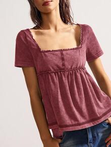Bohemela Top ajustado de manga corta de punto lavado de unicolor casual con volantes en el cuello de tripulación para mujer - Burdeos - Ver 6