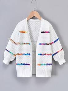 SHEIN 年轻女孩的彩色渐变条纹长袖针织开衫，柔软舒适，适合休闲、优雅场合，例如外出、旅行、度假、居家、日托、秋冬、圣诞节、返校、派对 - 白色 - 查看 1