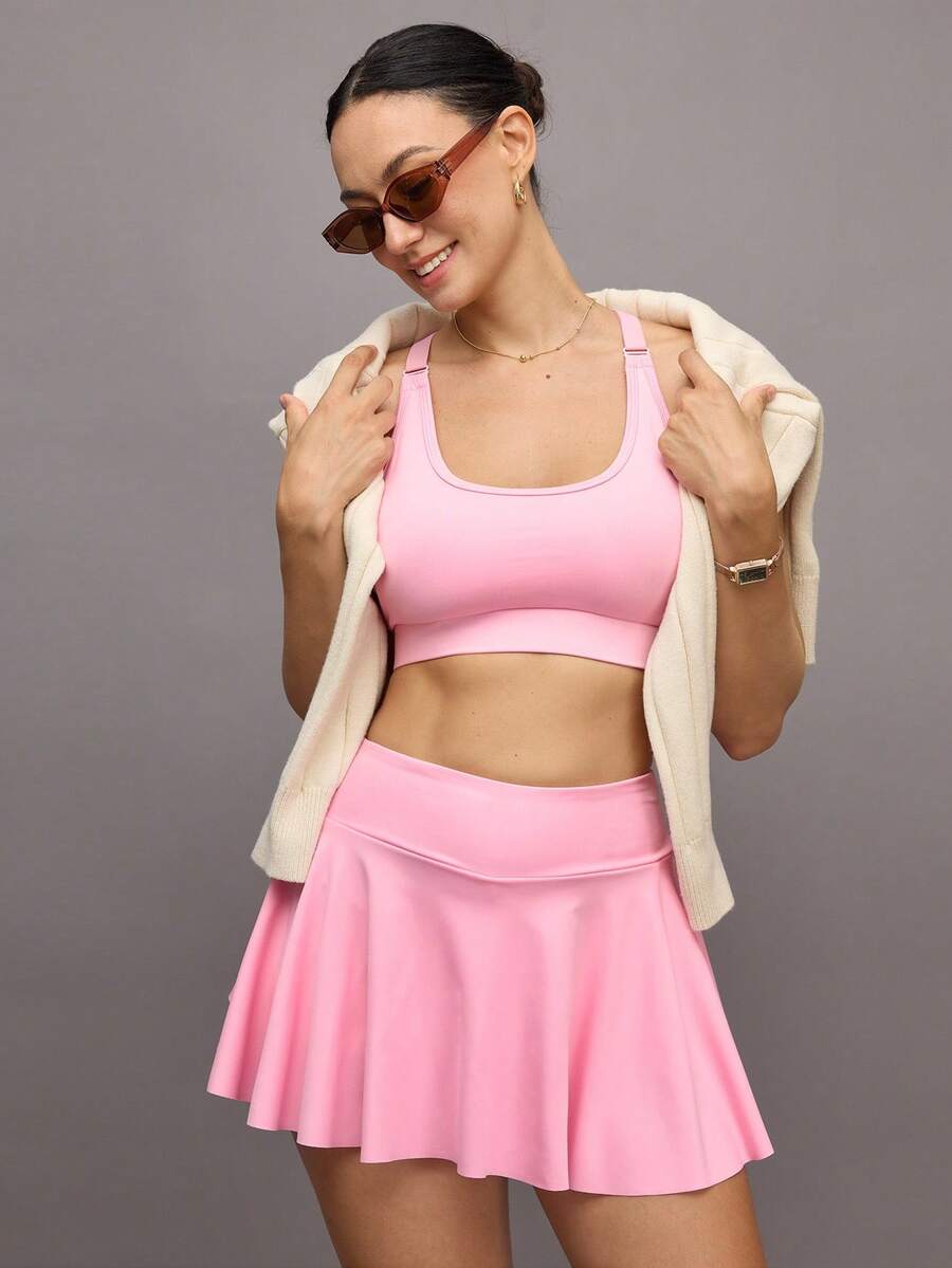 Activina Women's Solid Color Cross Back Crop Top And Skirt Sports Set For Fall Workout Women Set - Pink - View 1