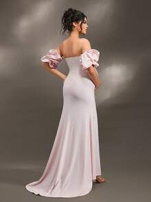 Cheriluna Maternity Cheriluna 女式法式设计串珠泡泡袖露肩孕妇装，拍照连衣裙 - 粉色 - 查看 2